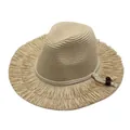 Vintage wide brim straw sun hat for women with bohemian tassel edges and wood bead trim - M (56-58cm) / Beige