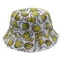 Close-up of white bucket hat with yellow cartoon beer mug print and reinforced stitching - Beer Mug All-over Print Style (Model 6)