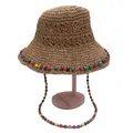 Handwoven beige straw sun hat with colorful beads and windproof chin strap decoration - M(56-58cm) / Coffee