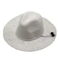 Summer white woven straw sun hat with frayed brim and decorative wooden beads - M (56-58cm) / White