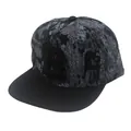 Close-up of 3D embroidered letter R and abstract graffiti print on a flat brim snapback hat - Adjustable / Gray