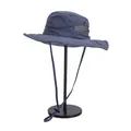 Detail of wide brim sun hat featuring breathable mesh side panels and adjustable chin strap - M / Navy Blue