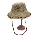 Detail of woven straw hat featuring colorful wooden beads and a decorative chin strap - M(56-58cm) / Beige