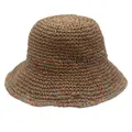 Handmade crochet straw sun hat with colorful hollow knit patterns and wide sun protection brim - M / Khaki