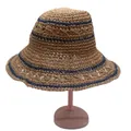 Detailed texture of straw sun hat featuring navy stripes and hollow openwork pattern - M / Khaki