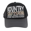 Detail of black trucker hat featuring KOUNTRY and CLUTCHER printed branding and mesh back - Black Grey Patchwork