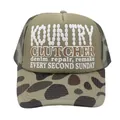 Detail of Kountry Clutcher khaki trucker hat with 3D foam print and camo brim - Camouflage