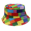 Detailed view of colorful building blocks print and stitching on a bucket hat - Colorful Building Blocks Print Style (Model 10)