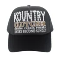 Front view of a black and charcoal trucker hat with vintage letter prints and mesh back - Gray