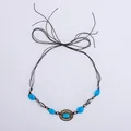 Gros plan du ruban de chapeau bohème avec perles bleues et anneau en bronze - Style Tissé Café Foncé Anneau Bronze Turquoise Bleue (Style 38)