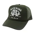 Close-up of military green trucker hat featuring white B letter embroidery and mesh panels - Adjustable / Army Green