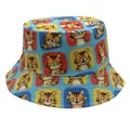 Detail of light blue bucket hat featuring colorful cartoon tiger patterns on canvas fabric - Cartoon Tiger Emoji Style (Model 12)