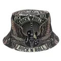 Vintage Rockmusik Anglerhut mit E-Gitarre und Flügel-Print für Outdoor-Hip-Hop-Style - Verstellbar / Rock-Druck Stil / Schwarz