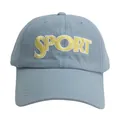 Close-up of yellow SPORT embroidery on light blue cotton twill baseball cap fabric - Adjustable / Sky Blue