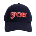 Detailed close-up of embroidered SPORT lettering on the navy blue cotton baseball cap - Adjustable / Navy Blue