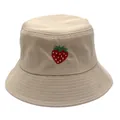 Cappello da pescatore beige in cotone con ricamo fragola e tesa rinforzata per il sole - M(56-58cm) / Kaki