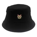 Klassieke zwarte katoenen vissershoed met schattig kattenborduurwerk voor zonbescherming - M (56-58cm) / Zwart