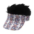 Cappellino visiera parasole con parrucca nera e stampe Red White & Cute con stelle - Decorazione con Parrucca (Nero) / Nero