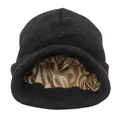 Vista detallada del gorro de punto gris oscuro con forro de satén dorado para cuidar el cabello - Talla única / Gris oscuro