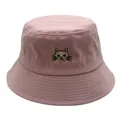 Roze katoenen vissershoed met schattig kattenborduurwerk, stijlvolle zonnehoed voor buiten - M (56-58cm) / Roze
