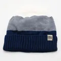 Kids warm knit beanie featuring a three-color block design in white, grey, and navy blue - One Size (3-10 Years) / Grey Patchwork