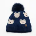 Berretto in maglia blu scuro con motivo orsetto e grande pompon morbido per bambini - Taglia unica / Blu Notte