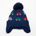 Detail of baby winter knit hat with colorful car patterns and soft faux fur pompom - One Size Elastic (3-10 Years) / Blue
