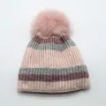 Gorro de punto a rayas para niños con pompón rosa y forro polar cálido para el invierno - Talla única (3-10 años) / Rosa