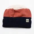Three-color patchwork knit beanie with warm fleece lining and brand label for kids - One Size (3-10 Years) / Red Splicing