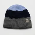Close-up of color-block knit beanie showing blue and grey tones with a brand patch - One Size (3-10 Years) / Navy Splicing