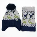 Kinder Strickmütze und Schal Set mit Dinosaurier-Motiv in Grau und Dunkelblau für Winter - Marineblau