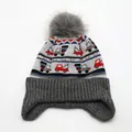 Detailed knit texture of children's winter hat featuring cartoon truck patterns - One Size (3-10 Years) / Gray