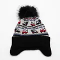 Kids winter knit hat with cartoon construction vehicle patterns and faux fur pompom - One Size (3-10 Years) / Black