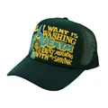 Detail of green mesh trucker hat featuring vintage lettering and breathable back - Green