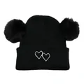 Kids black knit beanie featuring double pom poms and embroidered white hearts - One Size / Black