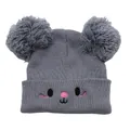 Kids grey knitted beanie with double pom-poms and cute embroidered bear face detail - One Size / Gray