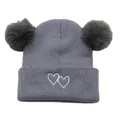 Kids grey-purple knitted hat with double faux fur pom poms and white heart embroidery - One Size / Gray