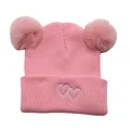 Pink knit baby beanie with double faux fur pom-poms and white heart embroidery - One Size / Pink