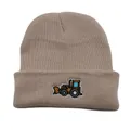 Bonnet en tricot kaki pour enfants avec broderie colorée d'un engin de chantier - Taille Unique (44-54cm) / Beige