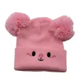 Cute pink knit children's beanie with double pom-poms and embroidered animal face - One Size / Pink