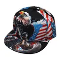 Flat brim baseball cap featuring American flag eagle print and motorcycle theme - Adjustable / Bald Eagle and Motorcycle (Black Style 1)