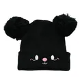 Detail of black knit kids hat featuring dual faux fur pom-poms and cartoon embroidery - One Size / Black