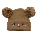 Detail of cute bear-ear pom-poms and embroidered animal face on brown knit hat - One Size / Coffee