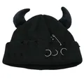 Black knitted demon horn beanie with metal safety pin and rings decoration - One Size / Black (Black Horns)