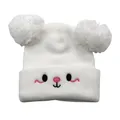 Close-up of white baby knit hat with fluffy pom-poms and cute embroidered animal face - One Size / White