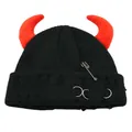 Knitted beanie featuring devil horns, distressed holes, a safety pin, and metal rings - One Size / Black (Red Horns)
