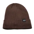 Gros plan détaillé du bonnet en maille côtelée marron foncé avec étiquette textile HD - Khaki