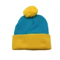 Berretto invernale in maglia bicolore blu e giallo con un soffice pompon sulla parte superiore - Giallo e Blu