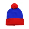 Detail view of the red and blue knit beanie texture with a fluffy pompom top - Red & Blue