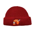 Detailed view of the dark red knit beanie featuring a cute embroidered cat and COOL text - One Size / Red